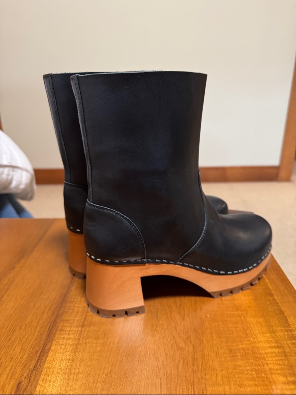 Swedish Hasbeens Black Leather Platform Clog Boots with Tan Wood Sole